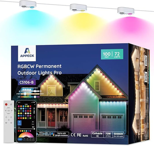 APPECK Permanent Outdoor Lights Pro 100ft, 72W RGBCW Eaves Lights with 72 LED Lights, 80lm, Cuttable, 111 Scene Modes, IP67 Waterproof Lighting for Halloween Decoration, Compatible with Alexa, White