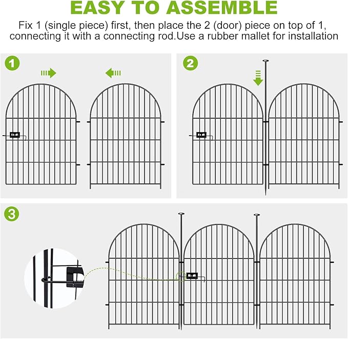 ADAVIN Garden Fence Animal Barrier with Gate 32 in(H)×17.5 Ft(L) 8 Panels,Rustproof Metal Wire Tall Fencing Border for Dogs Rabbits,Outdoor no dig pet Fences,Black Flower Edging for Yard,Arched