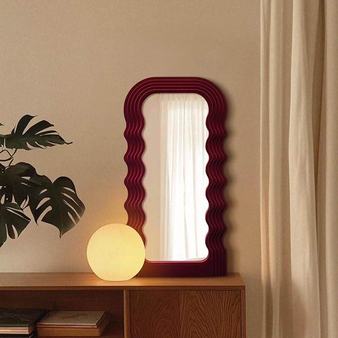 Mirror Wall Decor for Vintage Living Room Bedroom, 14x28 Asymmetrical Decorative Mirror for Entryway Porch Staircase, Retro Modern Hanging Wall Art Gift for Grandma Mom Sister (Wine Red)