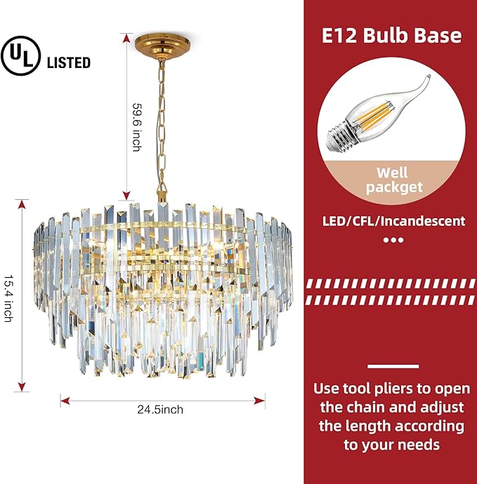 24" Modern Crystal Chandelier, 3-Tier Gold Pendant Light with 8 Lights, Luxury K9 Crystal Ceiling Fixture for Dining Room Living Room Foyer