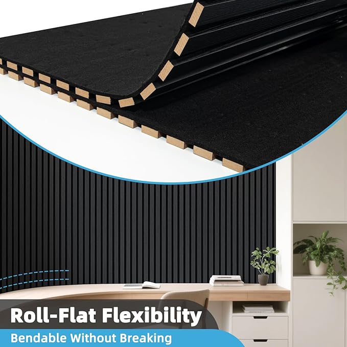 Art3d Acoustic Wood Slat Wall Panel with Roll-Flat Design - 95.3 x 23.8 Inch Sound Absorbing Panels for Living Room Columns Corridor Curved Wall Decor, 1-Pack Blackwood