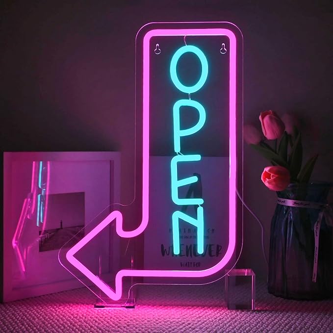 Looklight Open Arrow Neon Sign for Wall Decor Blue Pink LED Light Sign Decoration for Shop Bar Cafe Party Bookstore Supermarket Gym, Get Your Business Seen Day Or Night