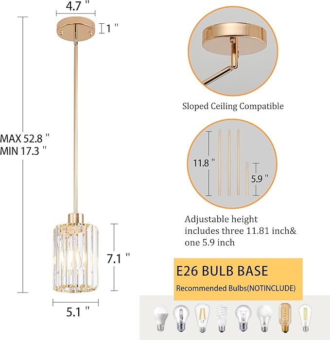 Modern Mini Crystal Pendant Lights Chandeliers Adjustable Sloped LED Hanging Ceiling Fixture Glass small Crystals for Kitchen Island Bathroom Dining Room Living Room, Hallway, Bar 1PC (Gold)