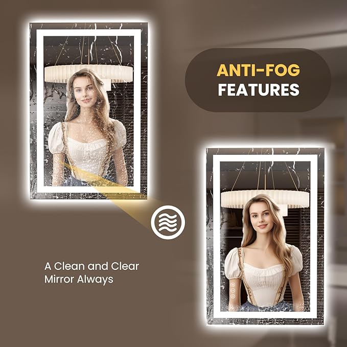 LOAAO 23.6"x35.4" LED Mirror for Bathroom, Lighted Bathroom Mirror with Lights, Anti-Fog, Dimmable, Memory Function, Easy to Install, Clear Reflection