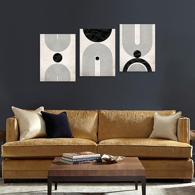 arteWOODS Wall Art Canvas Set Mid Century Boho Pictures Modern Abstract Geometric Wall Decor Minimalist Black Beige Bohemian Canvas Painting Artwork for Living Room Bedroom Office 12"x16"x3