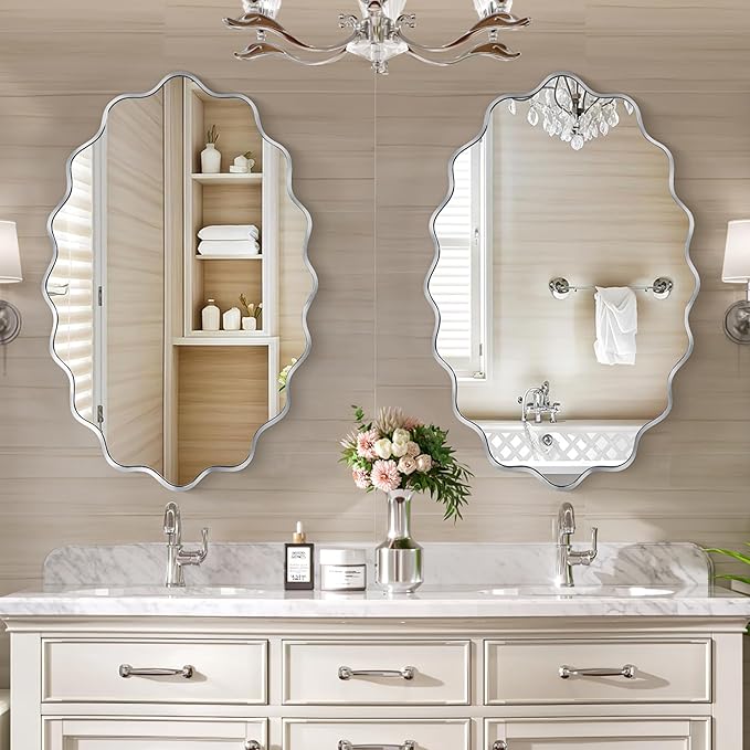 Oval Wavy Mirror - Irregular Wall Mirror 24"x36" Black Asymmetrical Aviation Aluminum Alloy Frame for Bathroom, Bedroom, Living Room, Cloakroom, Entryway