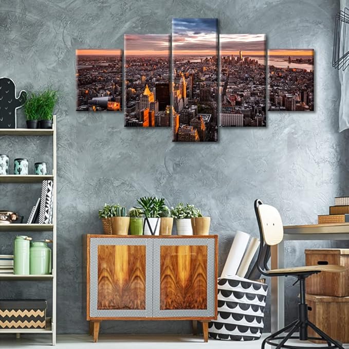American Cityscape Home Decor Manhattan Skyline Wall Art Posters and Prints Bedroom 5 Pieces City Sunset Panorama Pictures Wall Decor Living Room Giclee Print Gallery Packaging Artwork (60"Wx32"H)