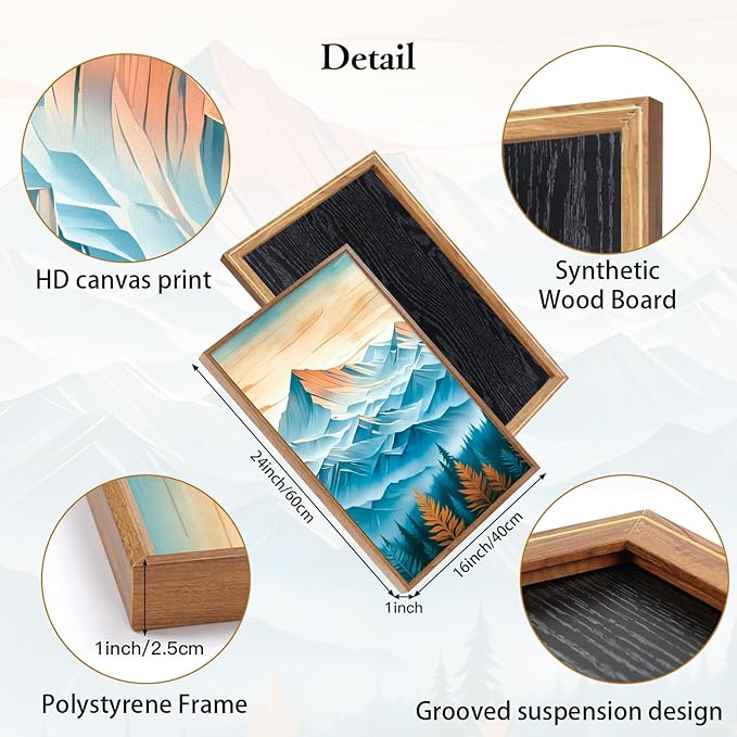 CHDITB Mountain Landscape Framed Canvas Wall Art Set, Nature Forest Inspired Wall Decor, Sunset Art Spiritual Wall Painting, Vintage Woodcut Art Prints for Living Room, Bedroom, Office-16 x24 x3