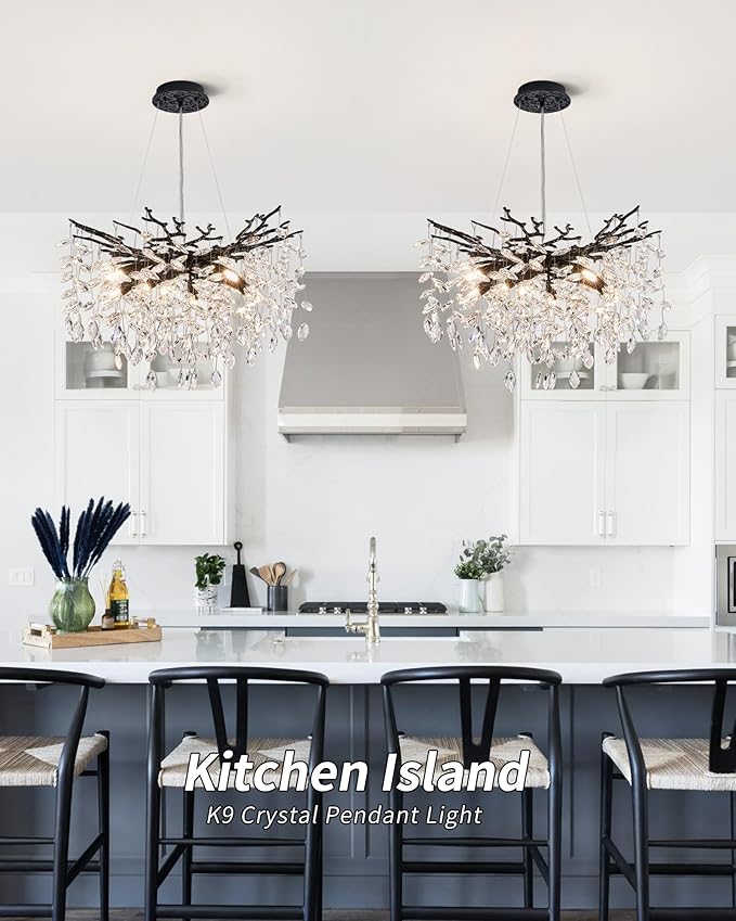 Modern Tree Branch Crystal Chandelier Luxury Blacl Crystal Pendant Lighting 23.6" Contemporary 8-Light Chandeliers for Dining Room Kitchen Bedroom Living Room