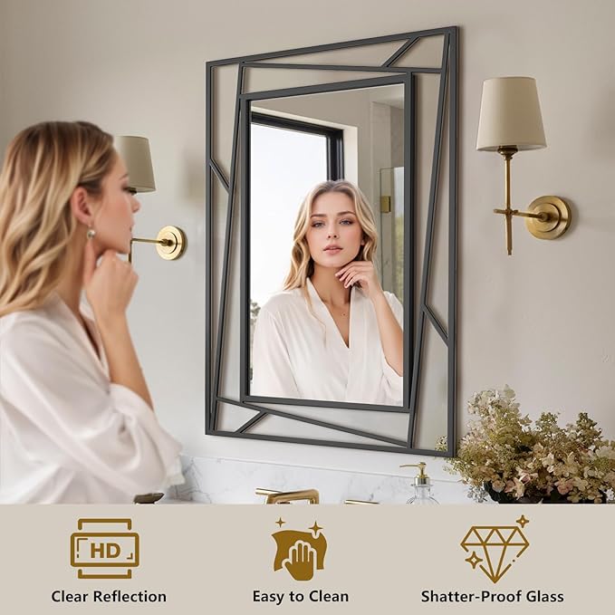 Black Bathroom Mirror for Wall 28''X20'' Matte Black Rectangle Wall Mirror with Geometric Metal Frame, Anti-Rust, Hang Horizontally or Vertically