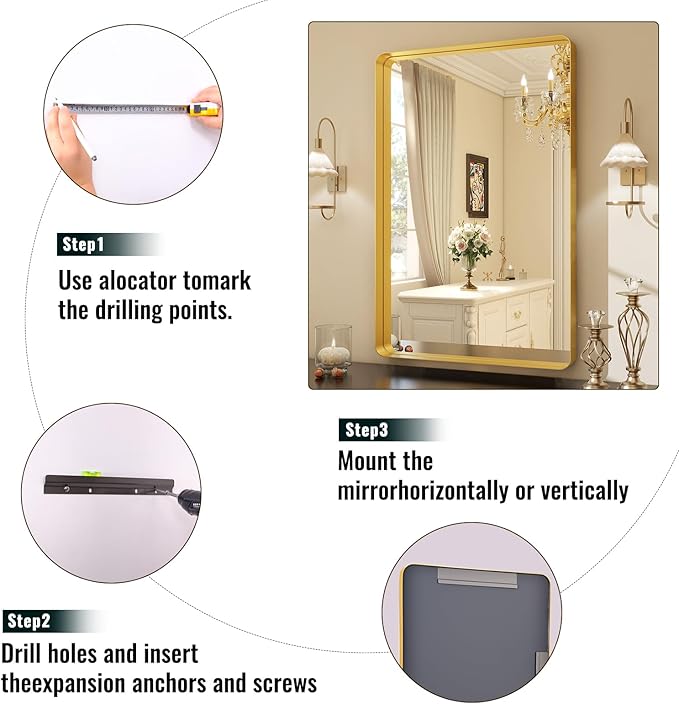 36 x 24 Inch Gold Bathroom Mirror for Wall,Aluminum Alloy Frame Rectangular Wall Mounted Mirror for Farmhouse Decor Horizontal or Vertical Ideal for Bedroom, Living Room