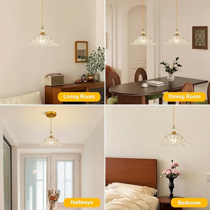 1 Piece Vintage Chandelier Light Fixtures with Crystal Glass Shade,Matte Brass Finish Pendant Light for Kitchen Island, Hanging Light Fixture for Dining Room, Hallway, Living Room, Bedroom