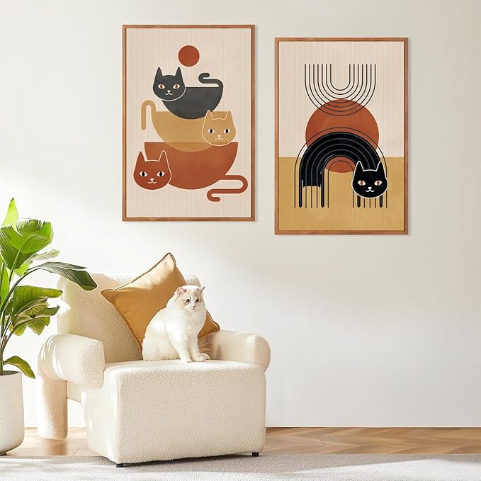LHIUEM Boho Cat Framed Canvas Wall Art,Mid Century Animal Wall Decor,Modern Black Kitty Painting,Minimalist Orange Beige Artwork for Living Room,Bedroom,Dining Room -16"x24"x3