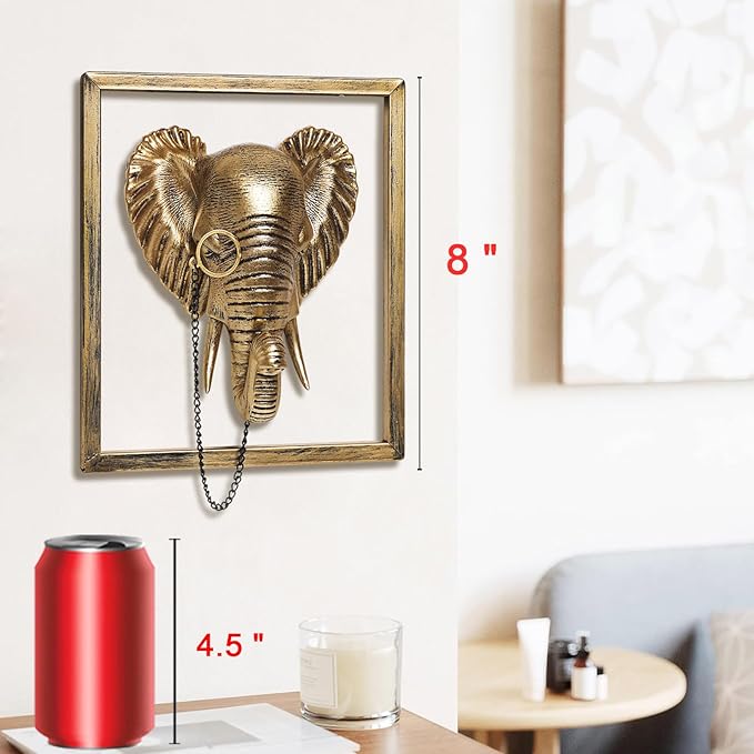Newinhome Animal Heads Wall Decoration (Gift Metal Frame) Resin Animals Sculptures Head Wall Hanging Decor Gold vintage Wall Sculpture for Living Room Bedroom Office(Elephant)