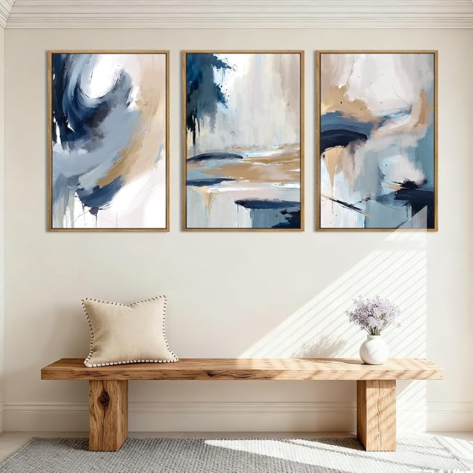 Anyzal Large Blue Abstract Wall Art Framed Modern Artwork Neutral Wall Decor for Living Room Bedroom Office 24X36 Inch Set of 3