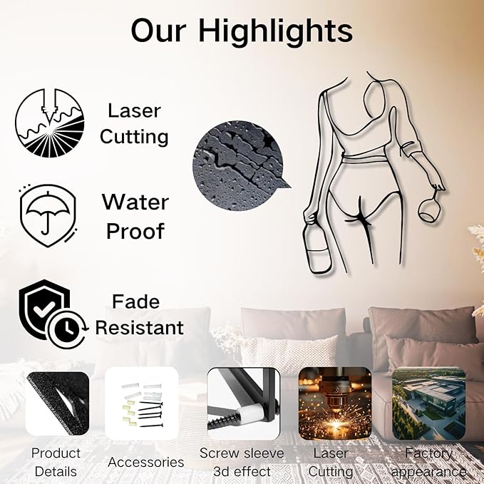 Metal Wall Art Woman Drinking Wine, Modern Minimalist Abstract Line Sculpture, Feminine Wall Decor for Living Room, Dining Room, Bar, Kitchen, Perfect Wine Lover Birthday Housewarming Gift – Gold 30.3"x21.7"