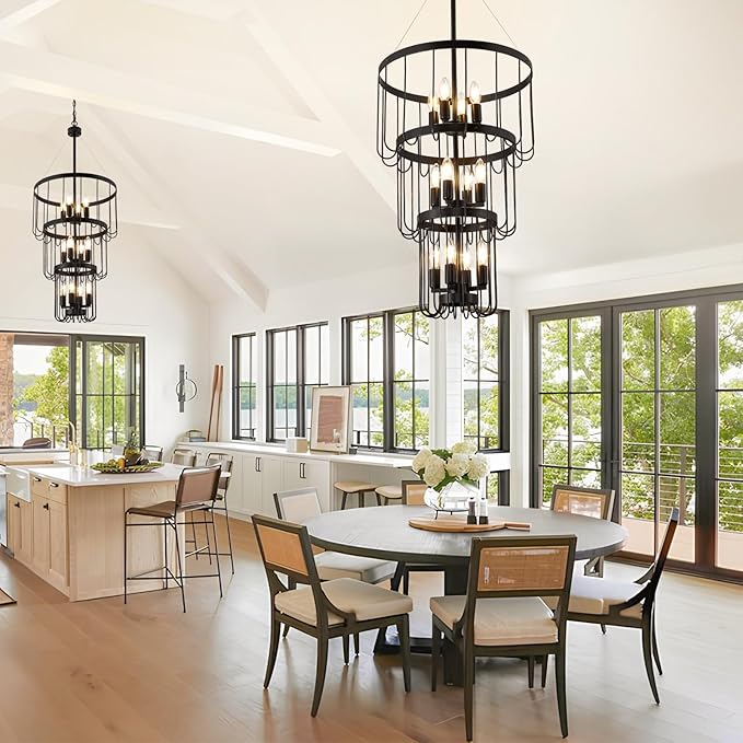 Black Chandelier, 12-Light Farmhouse Chandelier for Entryway, Industrial Foyer Lighting Fixtures, Large Chandeliers for High Ceilings, Modern Hanging Pendant Lights for Staircase, Entryway