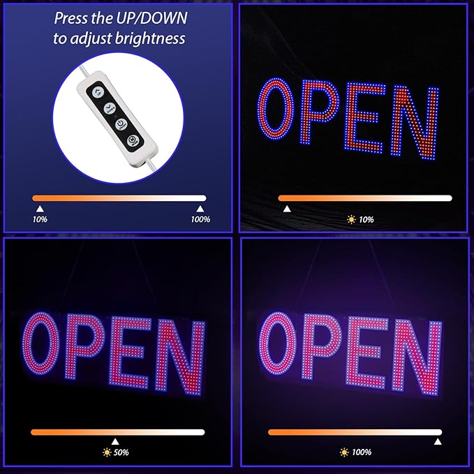 LED Open Sign for Business, 40"x14" Dimmable Brightness Large Electric Light Up Sign, Hanging Installation for Store Restaurant Office Bar Hotel Salon (Red and Blue)