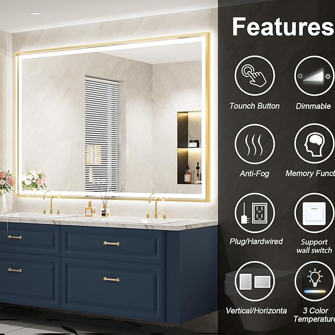 60X40 Inch Led Bathroom Mirror,Frontlit & Backlit Lighted Mirror,Gold Metal Frame Vanity Mirror for Wall,Double Lights Strips,Anti Fog Stepless 3 Colors Temperature & Dimmable
