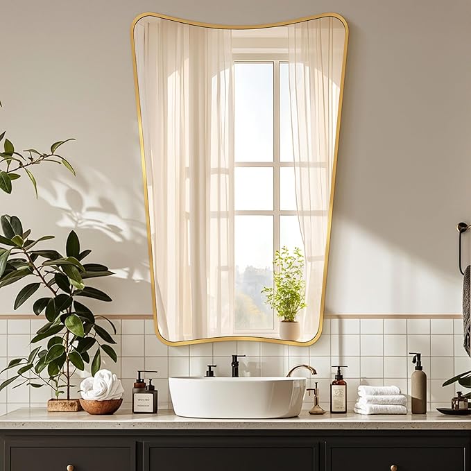 Bathroom Mirror- Irregular Wall Mirror Espejos Decorative 22"x30" Gold Aviation Aluminum Alloy Frame for Bathroom, Bedroom, Living Room, Cloakroom, Entryway