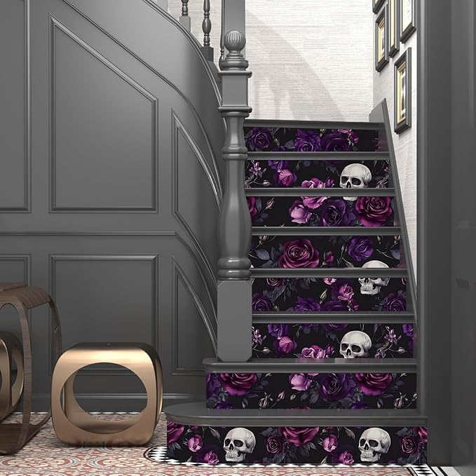Black Floral Wallpaper Peel and Stick 17.4" x 393" Gothic Floral Vintage Sugar Skull Contact Paper Removable Self Adhesive Waterproof Covering for Cabinet Drawers Home Decor
