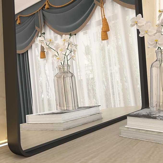 40x32 Black Bathroom Mirror, Matte Framed Bathroom Vanity Mirror for Wall, Modern Rectangle Mirror, Rounded Corners, Tempered Glass (Horizontally/Vertically)