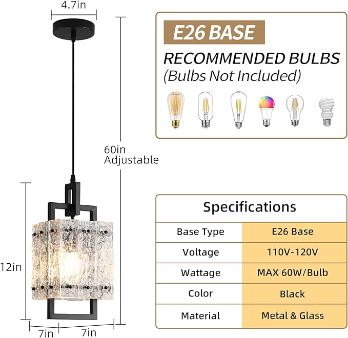 Black Pendant Light Fixtures Modern Pendant Lights Kitchen Island Water Ripple Glass Square Pendant Light Adjustable Hanging Pendant Lighting for Kitchen Dining Room Over Island 1 Pack