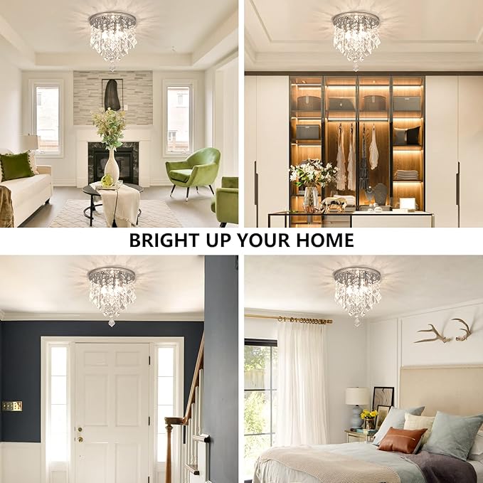 3-Light Mini Crystal Chandelier,10" Modern Chandelier Lighting Fixture,K9 Crystal Flush Mount Ceiling Light,Crystal Ceiling Light for Girls Bedroom Closet Foyer Entryway Aisle,Chrome
