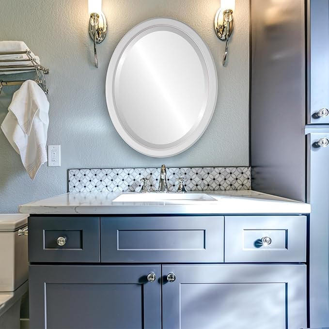 OVALCREST Oval Beveled Wall Mirror for Home Decor - Toronto Style - Linen White - 22" x 18"