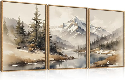 Ausril Watercolor Misty Mountain Framed Canvas Wall Art Set, Foggy Pine Tree Wall Decor, Winter Landscape Wall Painting, Nature Snowy Scene Art Print for Living Room, Bedroom, Office - 16"X24"X3