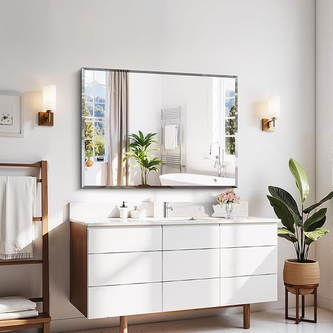 Beveled Bathroom Mirror, 30x40 Large Frameless Mirrors for Over Sink, Upgraded Shatterproof Beveled Frameless Vanity Mirror for Bathroom,Bedroom,Living Room and Entryway
