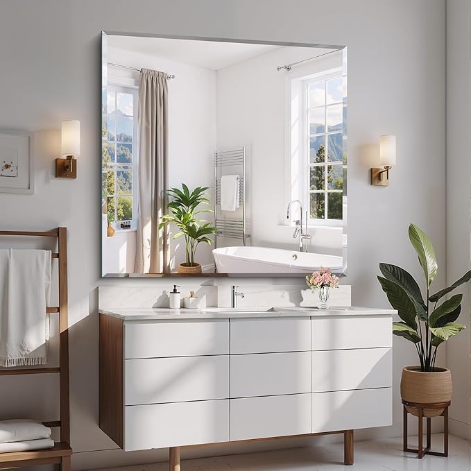Beveled Mirror, 42x42 inch Square Bathroom Mirrors for Wall, Upgraded Shatterproof Frameless Vanity Mirror Over Sink with Beveled Edge for Bathroom,Bedroom,Living Room and Entryway