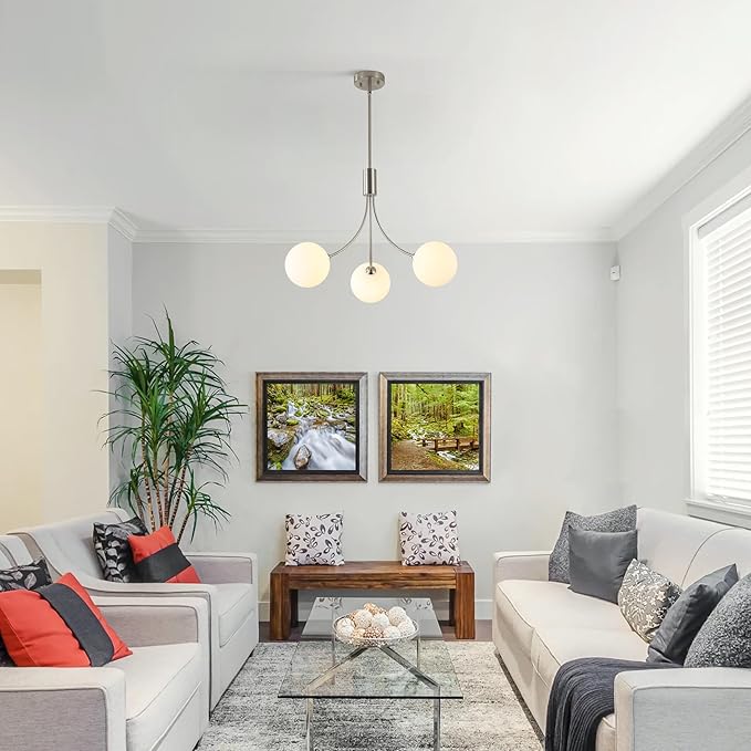 3-Light Brushed Nickel Chandelier Milk Globe Glass Pendant Lights Kitchen Island, Modern Sputnik Globe Chandeliers for Dining Room Entryway Hallway Foyer Bedroom Office Bathroom