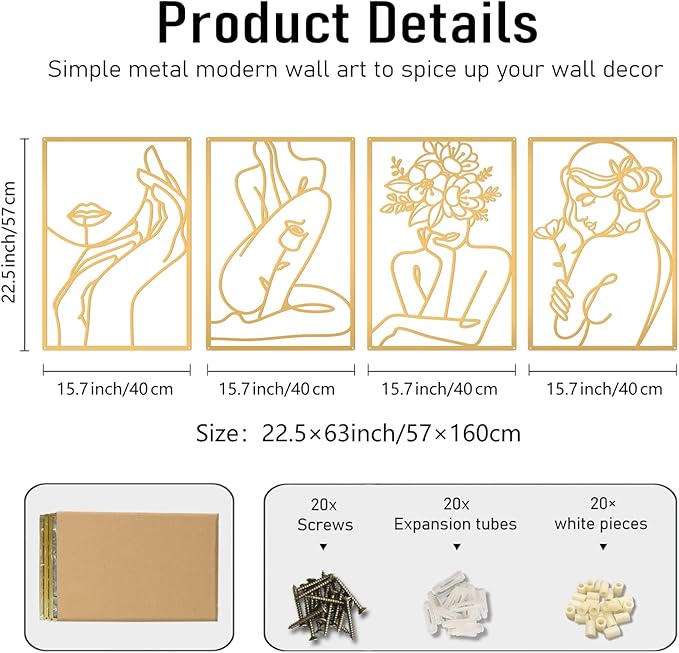 Bakovity Gold Metal Wall Art, Abstract Flower Line Sculpture, Gold Minimalist Modern Wall Decor for Living Room, Bedroom, Bathroom (4 Pieces, 22.5 x 15.7 Inches)