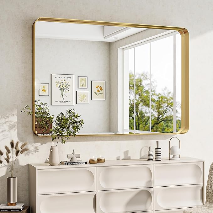 Bathroom Mirror Vanity for Over Sink Wall Mirror - 24x32 Inch Rounded Corner Rectangle Aluminum Frame Mirror,Hangs Horizontally or Vertically for Living Room Bedroom or Entryway Gold