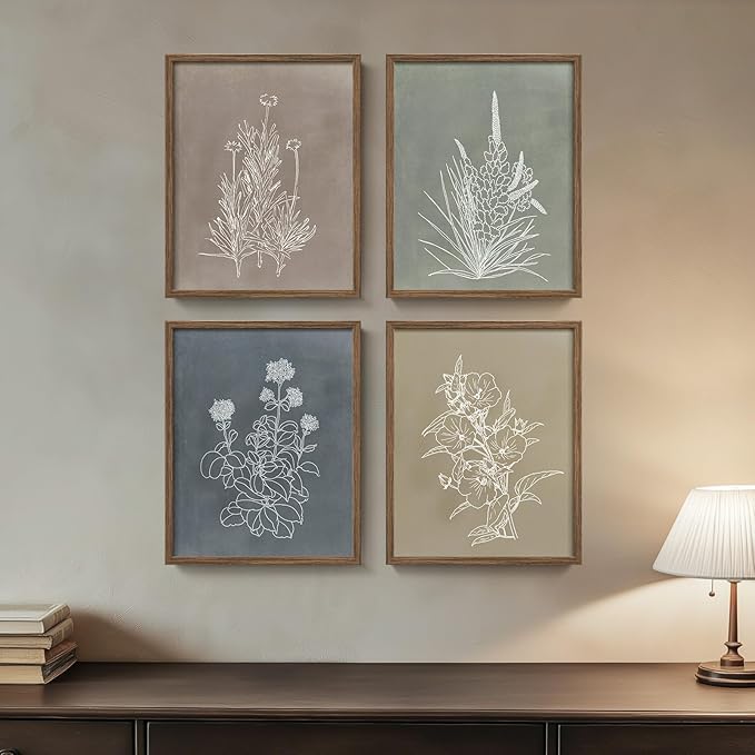 Boho Framed Botanical Wall Art for Bathroom Decor, 4 Piece Rustic Floral Canvas Painting Prints Artwork for Walls, Vintage Neutral Flower Pictures for Farmhouse Bedroom Dining Room Kitchen, 8x10 Inch