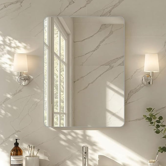 36x24"Bathroom Vanity Mirror for Wall, Aluminum Framed, Farmhouse Rectangle, Anti-Rust, HD Reflection Anti-Desilvering, Distortion Free, Tempered and Shatter-Proof Wall Mounted Mirror, Silver