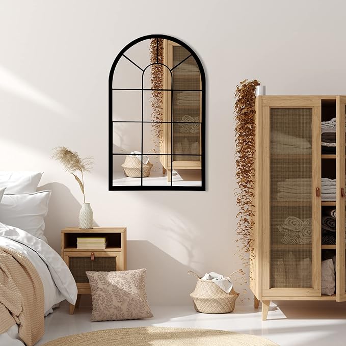 Black Arched Window Mirror, Farmhouse Decorative Wall Mirrors for Living Room, Bedroom, Entryway, Bathroom Vanity, Fireplace Mantel, Window Pane Mirror Wall Decor (Black, 31.5 x 20 x1)