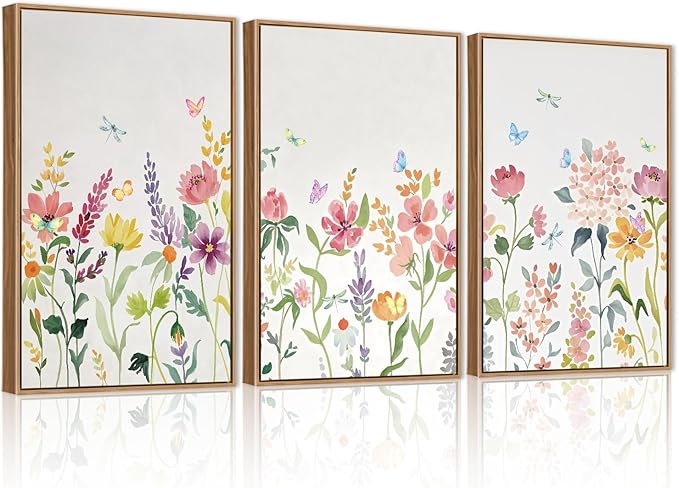 CHDITB Watercolor Floral Framed Wall Art, Colorful Botanical Flowers Wall Decor, Pastel Flower Artwork Minimalist Wildflower Painting, Modern home Art Prints for Living Room, Bedroom, Office 24"x36"x3