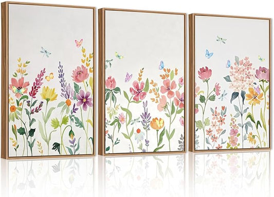 CHDITB Watercolor Floral Framed Wall Art, Colorful Botanical Flowers Wall Decor, Pastel Flower Artwork Minimalist Wildflower Painting, Modern home Art Prints for Living Room, Bedroom, Office 24"x36"x3