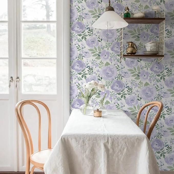 Orainege Floral Wallpaper Peel and Stick Wallpaper Floral Contact Paper 16.9in x196.8in Boho Peony Self Adhesive Removable Wall Paper for Bedroom Decor Vinyl, Purple