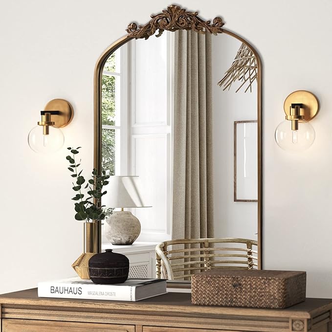 Antique Gold Arched Baroque Mirror 24x36 - Brass Finish Metal Frame, Intricately Carved Vertical Wall Mirror for Entryway, Living Room, Bathroom Vanity & Dining Room