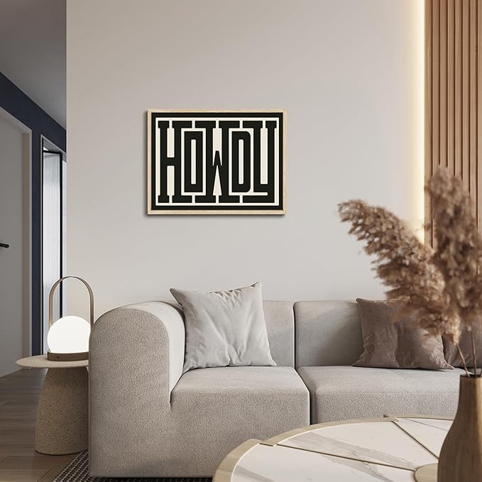 KISSFOX Western Howdy OAK Wood Framed Wall Art Farmhouse Geometric Typography Canvas Art Prints Rustic Country Pictures Wall Decor Vintage Modern Southwestern Artwork For Bedroom Kitchen Living Room