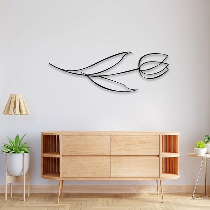 Minimalist Floral Metal Wall Art, Modern Tulip Design for Home Decor, Metal Flower Wall Sculpture for Living Room, Bedroom, or Office (18x6 inches)