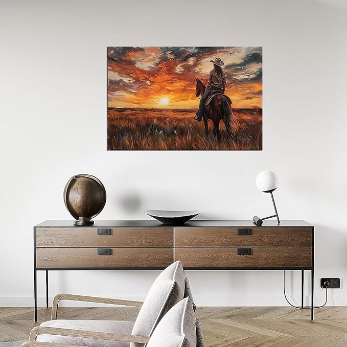 American Western Cowboy Wall Art Sunset Wall Decor Southwestern Farms Pictures for Bedroom Living Room Office Home Decortion Prints Vintage Artwork Framed(18L" x 24W")
