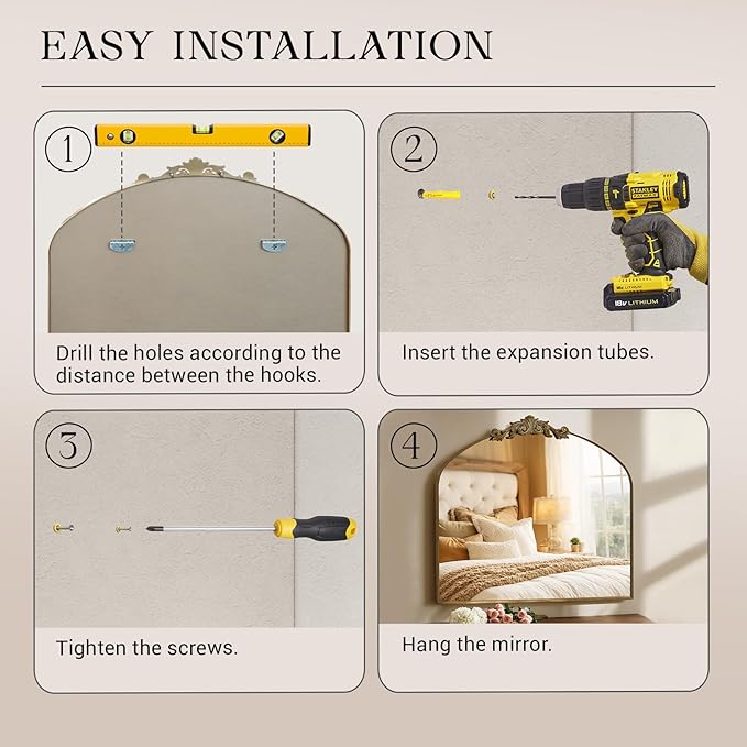 MISSDAY Vintage Retro Bronze Baroque Mirror for Wall, 36"X30" Arched Antique Wall Mirror with Elegant Carving Top, Full Metal Frame Wall-Mounted Mirror for Bathroom, Living Room, Fireplace, Entryway