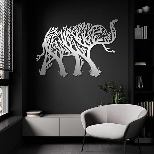 OSTCAL Metal Elephant Wall Decor, Metal Elephant Tree Wall Art, Geometric Elephant and Tree Decor, Animal Wall Art, Metal Wall Art, Wildlife Lover Gift, Home Decor (Silver, 56"x40" | 142x100cm)