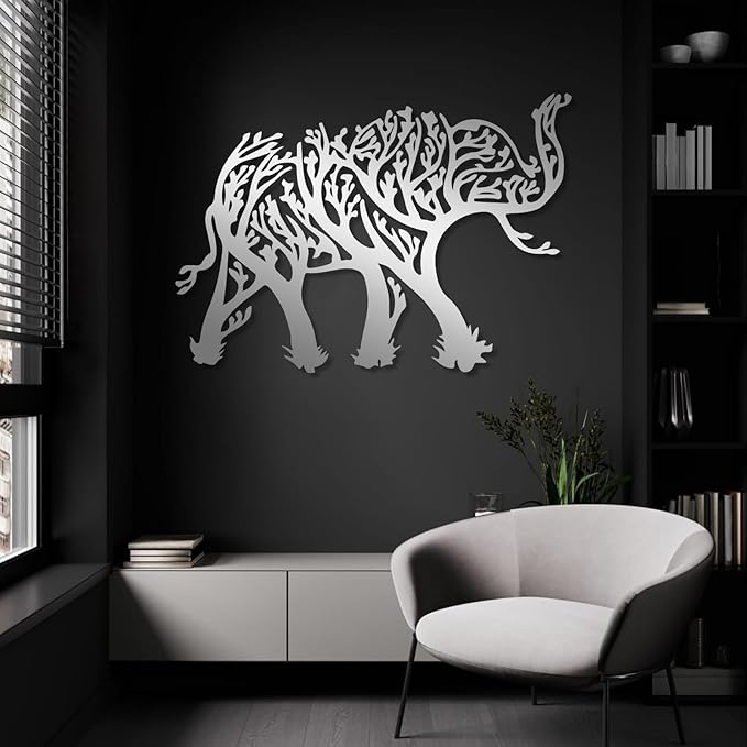 OSTCAL Metal Elephant Wall Decor, Metal Elephant Tree Wall Art, Geometric Elephant and Tree Decor, Animal Wall Art, Metal Wall Art, Wildlife Lover Gift, Home Decor (White, 35"x25" | 90x64cm)