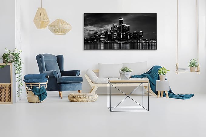 NAN Wind Detroit Skyline Canvas Wall Art Cityscape Night Scene Black & White City Art Print on Canvas Modern Giclee Framed Painting for Room Decor Home Decor Detroit Skyline Picture Prints