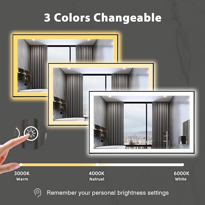 60x36 Lighted Mirrors for Bathroom Wall, Modern Rectangle Matte Black Mirror, Tempered Glass，Double Lights, 3 Colors Dimmable Temperature, IP54 Enhanced Anti-Fog, Memory (Horizontal/Vertical)